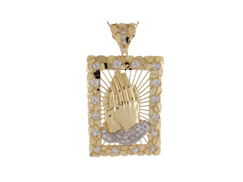 Two-Tone Gold CZ Accented Praying Hands Diamond Cut Large Rectangle Pendant (JL# P9413)