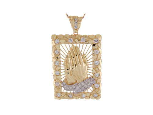 Two-Tone Gold CZ Praying Hands Diamond Cut 3.9cm Wide Rectangle Pendant (JL# P9411)
