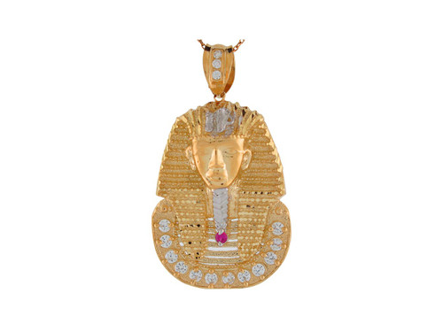 Two-Tone Gold Red & White CZ King Tut Egyptian Pharaoh Diamond Cut Pendant (JL# P9116)