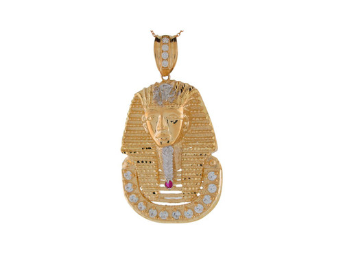 Two-Tone Gold Red & White CZ King Tut Egyptian Pharaoh Diamond Cut Pendant (JL# P9115)