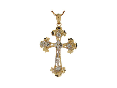 Two Toned Diamond Cut Gold Budded Flor De Lis Botonnee Cross Pendant Charm (JL# P8886)