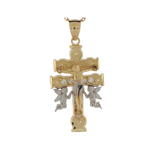 Two Tone Gold CZ Accent Caravaca Cross Jesus and Angels Religious Pendant (JL# P7897)