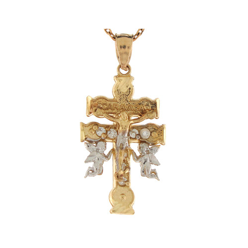 Two-Tone Gold Round Cut Jesus and Angels Caravaca Cross Pendant (JL# P7737)