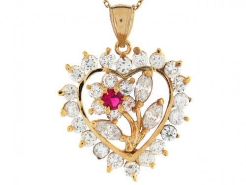 Gold White & Red CZ 3.3cm Flower in Heart Special Ladies Charm Pendant (JL# P6859)