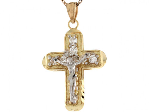 Two Tone Gold CZ Orthodox Crucifix Cross Religious 3.1cm Charm Pendant (JL# P6510)