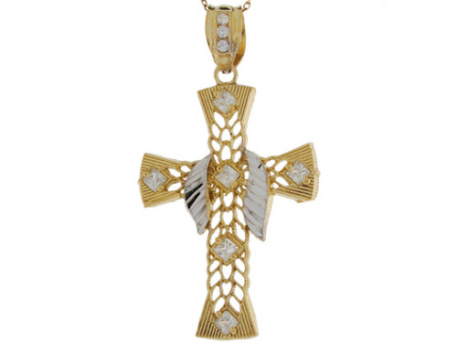 Two Tone Real Gold Accents Supurb Filigree Cross 5.0cm Pendant (JL# P6506)