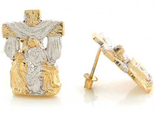 Two Tone Real Gold 2.0cm x 1.44cm Jesus Christ Cross Religious Post Earrings (JL# E6406)