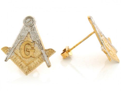 Two Tone Real 1.94cm x 1.74cm Gold Attractive Masonic Free Mason Post Earrings (JL# E6399)