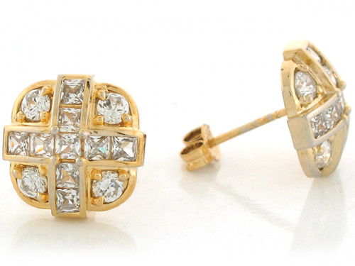 Two Toned Real Gold 1.28cm Cluster Cross X Post Earrings (JL# E6379)