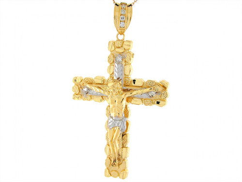 Two Tone Real Gold CZ Jesus Crucifix Cross Nugget 7.47cm Charm Pendant (JL# P5731)