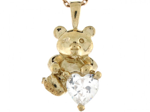 Real Gold White Heart CZ Small Adorable 2.17cm Teddy Bear Charm Pendant (JL# P4829)