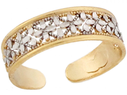10k or 14k Two-Toned Real Gold Fancy Rhodium Flower Ladies Toe Ring 