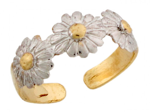 Two-Toned Real Gold & Rhodium Flowers Daisies Band Ladies Toe Ring (JL# H4689)