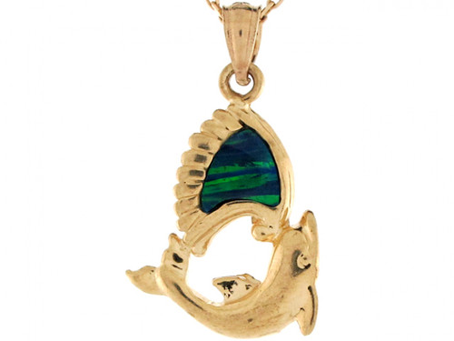 Yellow Real Gold Blue Green Simulated Opal Dolphin Design Womens Pendant (JL# P4263)