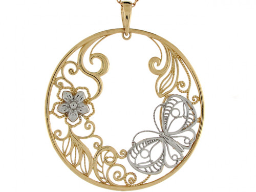 2 tone gold butterfly flower flora & fauna collection disk Pendant (JL# P4173)