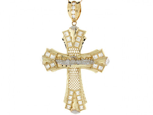 Two-Tone Yellow and Last Supper Weave CZ Cross Pendant (JL# P3964)