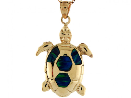 Pretty Lined Blue Green Simulated Opal Sea Turtle Charm Pendant (JL# P3954)