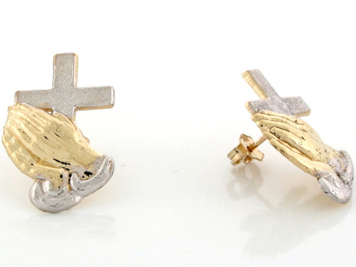 Real 2 Tone Gold Praying Hands Cross Religious Stud Unisex Earring (JL# E3705)