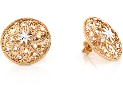 Two Tone Real Gold Filigree Diamond Cut Button Post Earring (JL# E3572)