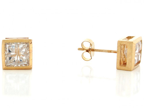 Real Solid Gold Square Cluster CZ Unisex Stud Post Earring (JL# E3176)