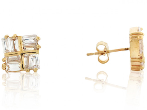 Real Solid Gold Baguette CZ Square Cluster Post Earring (JL# E3162)