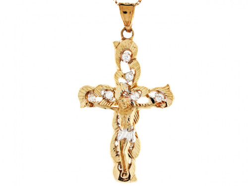 Two Tone Gold Crucifix Jesus Religious Cross CZ Charm Pendant (JL# P3148)