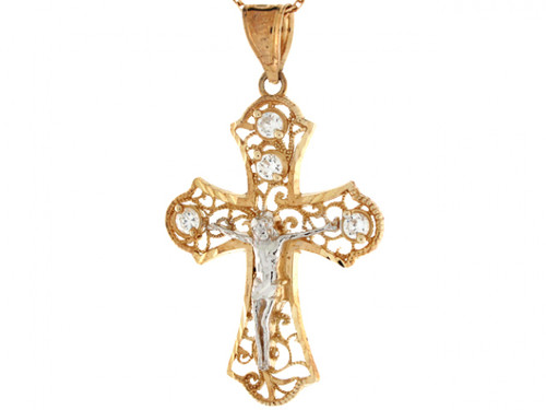 Two Tone Gold Crucifix Jesus Religious Cross CZ Filigree Pendant (JL# P3143)