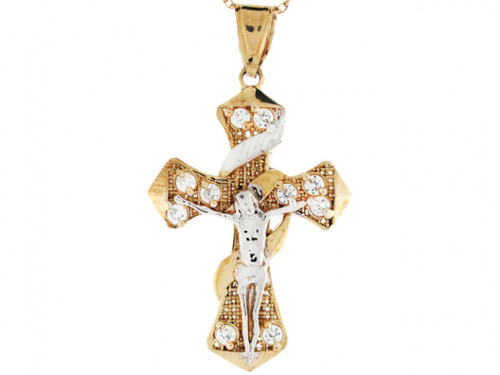 Two Tone Gold Crucifix Jesus Religious Cross CZ Charm Pendant (JL# P3142)