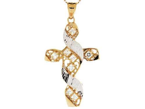 2 Tone Gold Filigree Diamond Cut Religious Cross CZ Charm Pendant (JL# P3141)
