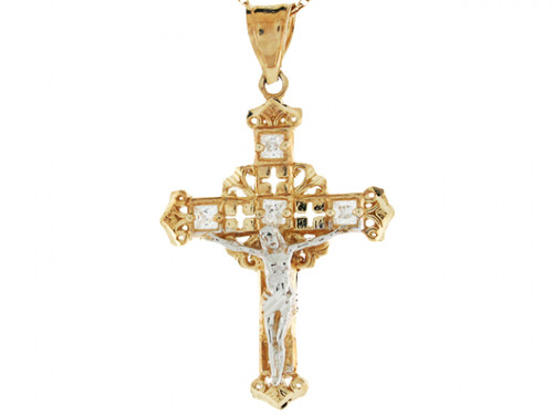 2 Tone Gold Crucifix Jesus Filigree Celtic Cross CZ Charm Pendant (JL# P3139)