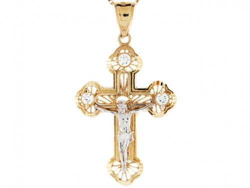 Two Tone Gold Cross Crucifix Jesus Filigree Religious CZ Pendant (JL# P3138)