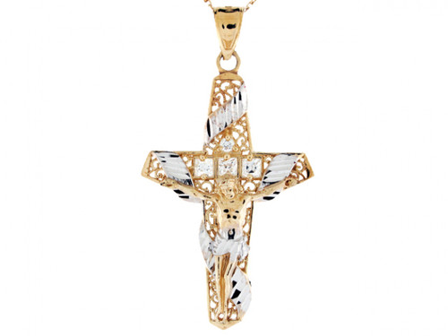 Two Tone Gold Cross Crucifix Jesus Religious CZ Charm Pendant (JL# P3136)