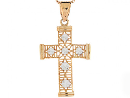 Two Tone Gold Diamond Cut Filigree Cross Religious Charm Pendant (JL# P3127)