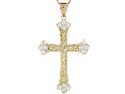 Gold CZ Diamond Cut Religious Cross Pendant Charm (JL# P2497)