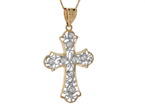 Two Tone Gold Cross Religious Filigree CZ Pendant (JL# P2363)