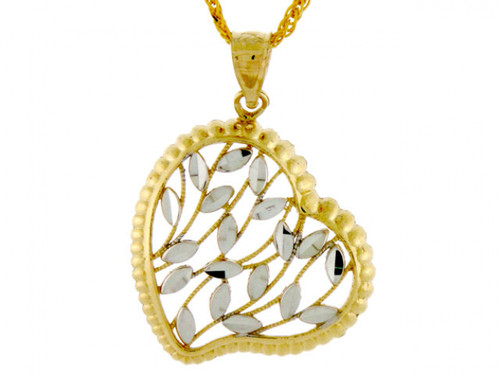 Gold Two-Tone Heart Leaf Diamond Cut Charm Pendant (JL# P1993)