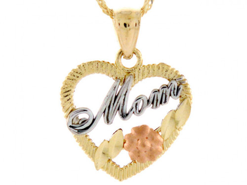 Solid Gold Tri-color Mom Rose Flower Heart Pendant (JL# P1982)