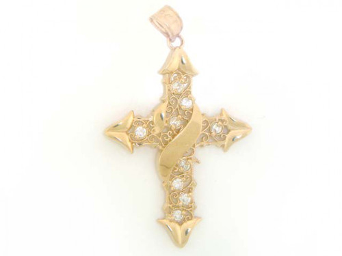 Solid Gold Fancy Cross W/ CZ Pendant Charm Jewelry (JL# P1429)