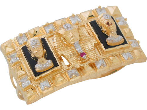 Two-Tone Gold King Tut and Queen Nefertiti and CZ Two Finger Ring (JL# R11043)