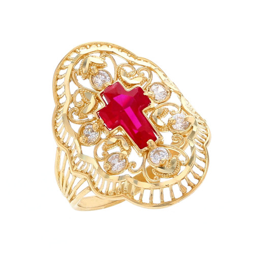 Religious Simulated Ruby Cross Accented Ladies Wide Diamond Cut Ring (JL# R12213)