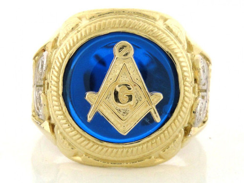Solid Gold Two-Tone Mens Round Masonic CZ Ring (JL# R1950)