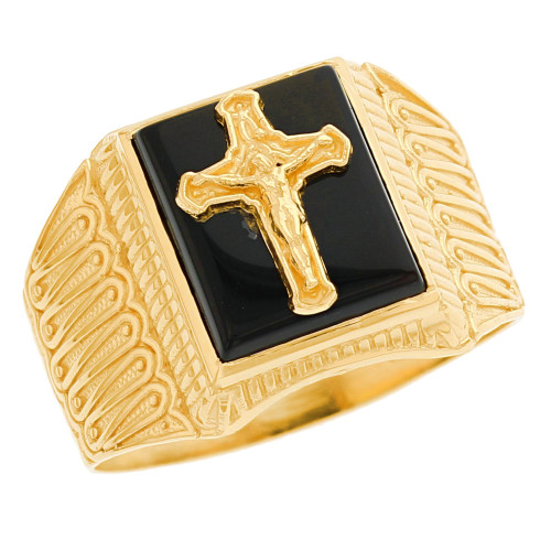 Solid Gold Mens Crucifix Cross Jesus Ring (JL# R1953)