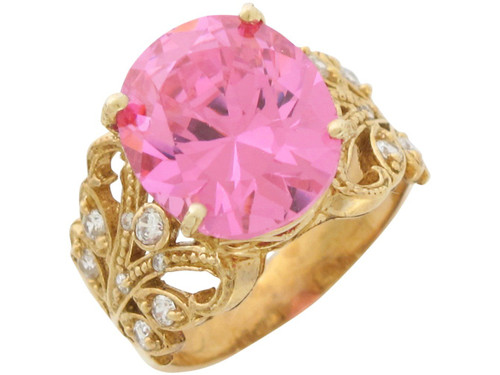 Gold Simulated Pink Tourmaline and White CZ Accented Ladies Wide Cocktail Ring (SKU# R10805)