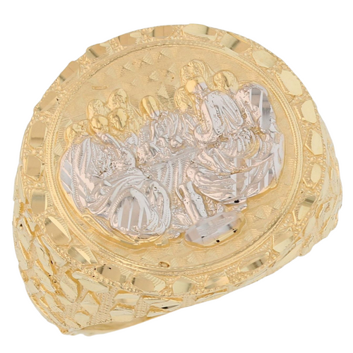 10k Two Tone Gold Nugget Frame Last Supper Mens Diamond Cut Religious Jesus Ring (SKU# R13797)