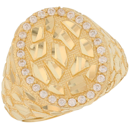 14k Yellow Gold Large Oval White CZ Mens Diamond Cut Nugget Ring (SKU# R13807)