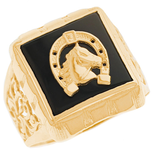 10k Yellow Gold Horseshoe Black Onyx Mens Animal Horse Ring (SKU# R13396)