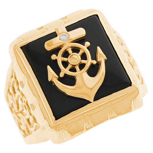 10k Yellow Gold Ship's Wheel and Anchor Black Onyx Mens Nautical Ring (SKU# R13395)