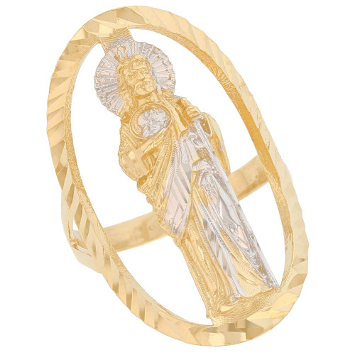 10k Two Tone Gold Large Oval Frame Saint Jude Womens Diamond Cut Religious Ring (SKU# R13919)