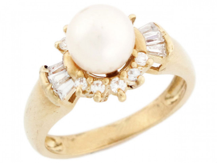 Solid Gold Freshwater Cultured Round & Baguette CZ Ring Jewelry (JL# R2969)
