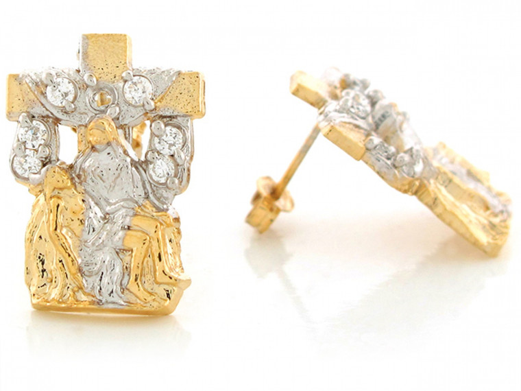 Two Tone Real 2.09cm x 1.5cm Gold Jesus Christ Cross Post Earrings (JL# E6405)